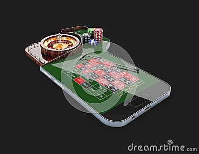 casino roulette wheel with casino chips, on phone screen, 3d illustration Cartoon Illustration