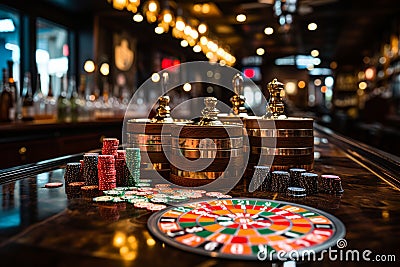 Casino roulette wheel catches falling cubes, poker chips in focus in vibrant casino setting Stock Photo