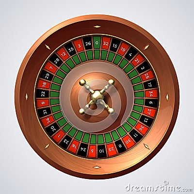 Casino roulette wheel. Isolated gambling wooden red spin, lucky game jackpot. 3D realistic roulette spin wheel Vector Illustration