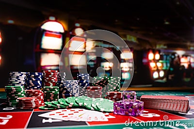 Casino set with Roulette, cards, dice and chips Stock Photo