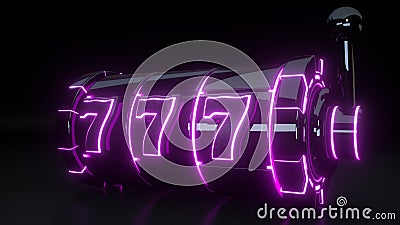 Casino Slot Machine Gambling Concept With Neon Purple Lights Isolated On The Black Background - 3D Illustration Stock Photo