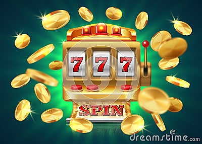 Casino slot machine. 777 jackpot, winning game lottery background, flying golden coins. Vector golden machine Vector Illustration