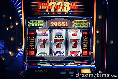 Casino slot machine with winning combination. Gambling addiction. Casino games concept. Lucky one handed bandit. Created Stock Photo