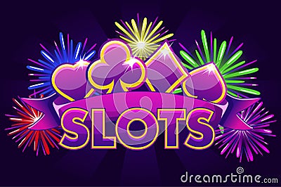 Screen logo slots, banner on violet background with icons, ribbon and fireworks, background game screensaver. Vector Vector Illustration