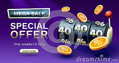 Casino slots mega sale 40 off banner, promotion flyer, Special offer. Vector Vector Illustration