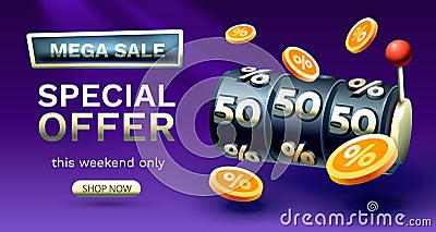 Casino slots mega sale 50 off banner, promotion flyer, Special offer. Vector Vector Illustration