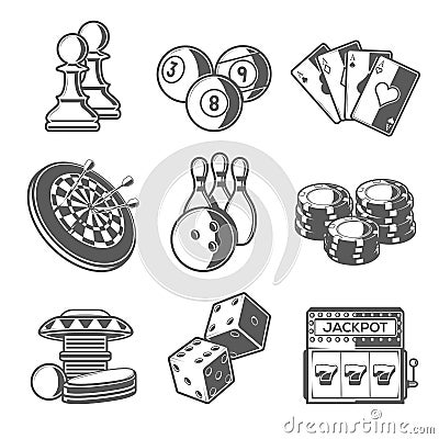 Casino Sport and Leisure Games Icons (Chess, Billiard, Poker, Darts, Bowling, Gambling Chips, Pinball, Dice and Slot Machine) Vector Illustration