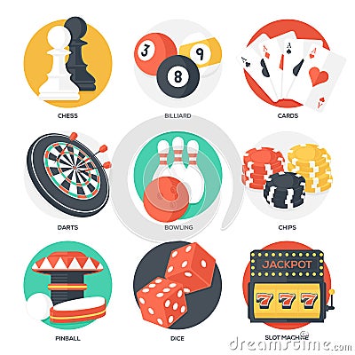 Casino Sport and Leisure Games Icons (Chess, Billiard, Poker, Darts, Bowling, Gambling Chips, Pinball, Dice and Slot Machine) Vector Illustration