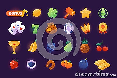 Casino symbols. Cartoon slot machine and spinning game colorful shiny icons, 2D game UI elements asset of fruits star Vector Illustration