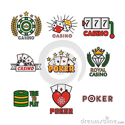 Casino template with colorful logo labels vector set on white Vector Illustration