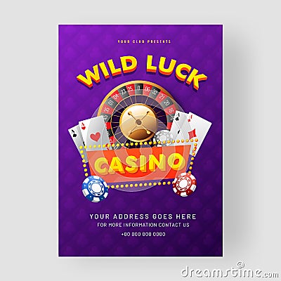 Casino template or flyer design with roulette wheel, 3d casino chips and playing card. Stock Photo