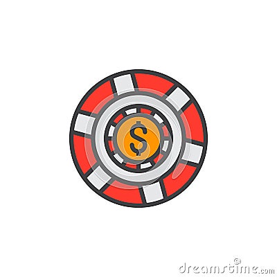 Casino token, gaming chip line icon, filled outline vector sign, linear colorful pictogram isolated on white. logo illustration Vector Illustration