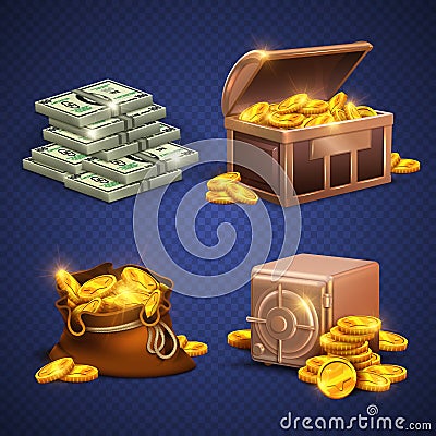 Casino vector 3d signs and money icons. Dollars, gold coins in safe deposit and moneybag Vector Illustration