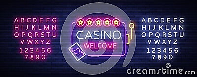 Casino welcome logo in neon style. Design template. Neon sign, light banner, neon billboard bright light advertising Vector Illustration