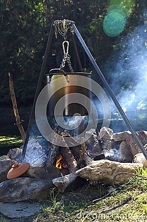 Casserole on a campfire Stock Photo