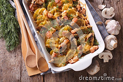 Casserole potato with bacon and mushrooms horizontal top view Stock Photo