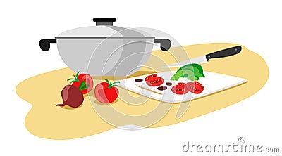 Casserole with vegetables for cooking. Knife cuts vegetables. Vector illustration on white background. Vector Illustration