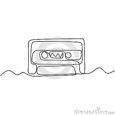 Cassette tape Continuous one line drawing. Vector audio vintage with ribbon Vector Illustration