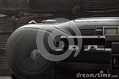 cassette tape recorder on wooden background Stock Photo