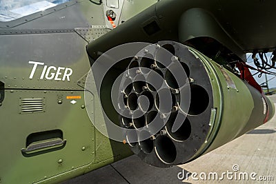 Cassette to launch unguided rockets of the attack helicopter Eurocopter Tiger, close-up. Editorial Stock Photo