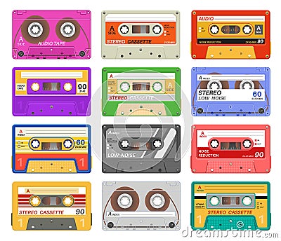 Cassettes. Different color music tape retro audio cassette. Old school 90s record technology vintage media device Vector Illustration