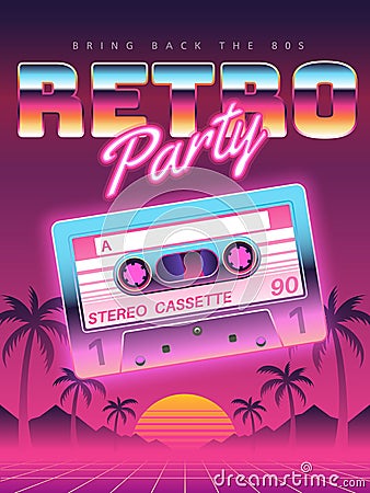 Cassettes poster. Retro disco party 80s, 90s banner, vintage audio cassette club flyer, festival invitation cover Vector Illustration