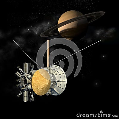 Cassini mission orbiter satellite passing Saturn Cartoon Illustration