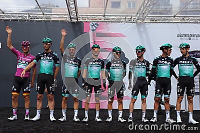 Cassino, Italy - May 16, 2019: The Bora Hansgrohe team on the podium of the sixth stage of the 102th Tour of Italy Cassino-San Editorial Stock Photo