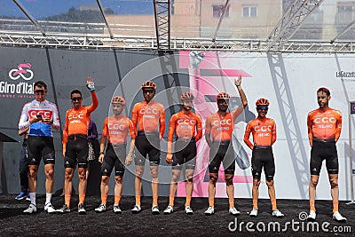 CCC TEAM on the podium of the sixth stage of the 102th Tour of Italy Cassino-San Giovanni Rotondo Editorial Stock Photo