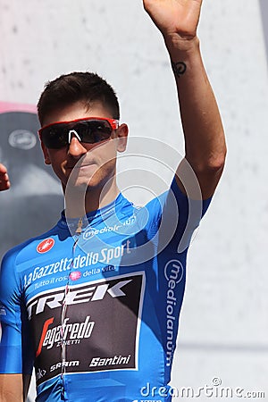 Giulio Ciccone on the podium of the sixth stage of the 102nd Tour of Italy Cassino-San Giovanni Editorial Stock Photo