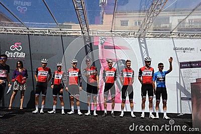 Trek-Segafredo team on the podium of the sixth stage of the 102th Tour of Italy Cassino-San Editorial Stock Photo