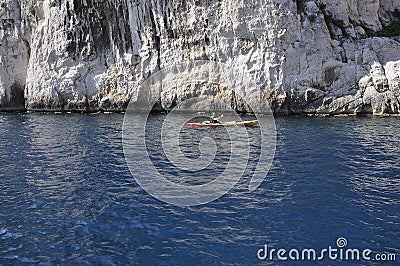 Cassis, 8th september: Canoe Kayaking on the Calanques National Park from the Bay area of Cassis on Cote D`Azur France Editorial Stock Photo