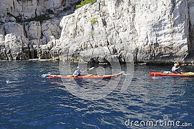 Cassis, 8th september: Canoe Kayaking in the Calanques National Park from the Bay area of Cassis on Cote D`Azur France Editorial Stock Photo