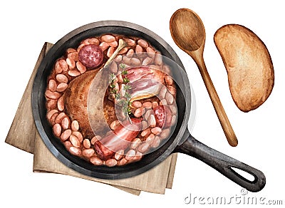 Cassoulet of duck confit, pork belly, smoked sausage and white beans Cartoon Illustration