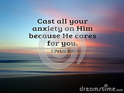 Cast all your anxiety on Him because He cares for you. Bible Verse: 1 Peter 5:7 On soft pink and blue colorful sunset sunrise sky Stock Photo