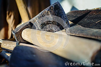 Cast iron basuli mason tool with wooden handle. uttarakhand India Stock Photo