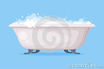 Cast Iron Bathtub on Foot Full of Water with Soap Bubbles Foam Isolated on Blue Background Vector Illustration Vector Illustration