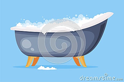 Cast Iron Bathtub on Foot Full of Water with Soap Bubbles Foam Isolated on Blue Background Vector Illustration Vector Illustration