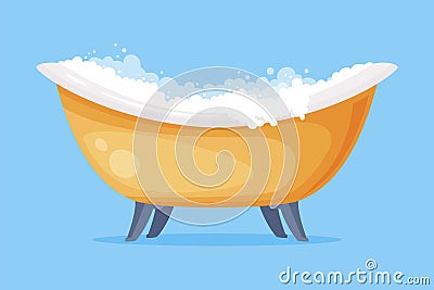 Cast Iron Bathtub on Foot Full of Water with Soap Bubbles Foam Isolated on Blue Background Vector Illustration Vector Illustration