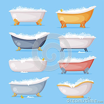 Cast Iron Bathtub on Foot Full of Water with Soap Bubbles Foam Isolated on Blue Background Vector Set Vector Illustration