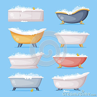 Cast Iron Bathtub on Foot Full of Water with Soap Bubbles Foam Isolated on Blue Background Vector Set Vector Illustration