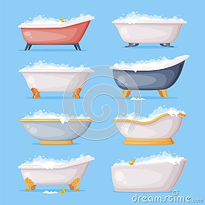 Cast Iron Bathtub on Foot Full of Water with Soap Bubbles Foam Isolated on Blue Background Vector Set Vector Illustration