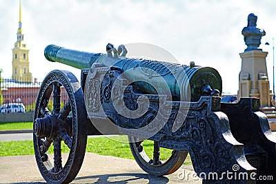 Cast-iron cannon on a carriage. At the monument. Editorial Stock Photo