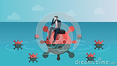 Castaway Businessman Feeling Anxiety While Sitting on Virus Island. Meaning is Business People Feel Stress About Coronavirus 2019 Vector Illustration