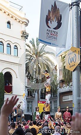Castellers de Badalona on square during Fiestas de Mayo Editorial Stock Photo