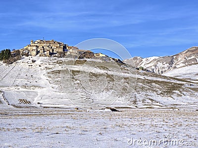 Castelluccio of Norcia, Italy with snow Stock Photo