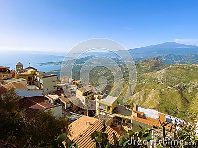 Castelmola, Italy views overlooking roof tops and the Ionian Sea Stock Photo