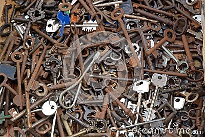 Texture in flat lay angle of old and rusty keys at the antiques market Stock Photo