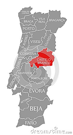 Castelo Branco red highlighted in map of Portugal Cartoon Illustration