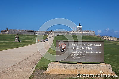 CASTILLO DE SAN FELIPE DEL MORRO, PUERTO RICO, USA - FEB 16, 2015: Front view with Sign of San Juan National Historic Site Editorial Stock Photo